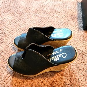 Callisto leatger wedge shoe open toe woven  platform shoes